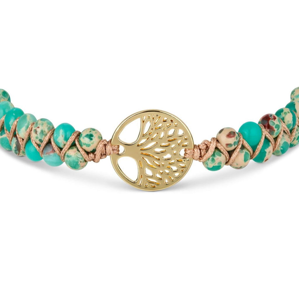 Grünes Yoga Armband aus Jaspis mit Lebensbaum-Motiv, handgefertigt aus natürlichen Edelsteinen