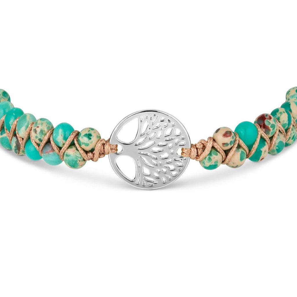 Grünes Yoga Armband aus Jaspis mit Lebensbaum-Motiv, handgefertigt aus natürlichen Edelsteinen